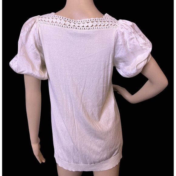 BCBG Crochet Large Silk Cotton Puffed Sleeve Pullover Ivory Cottagecore Size L - Picture 5 of 13